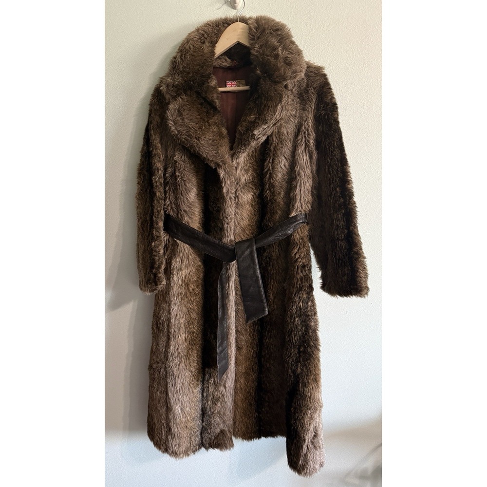Vintage Made in England | Brown Faux Fur Long Leather Belted Wrap Coat | Size S